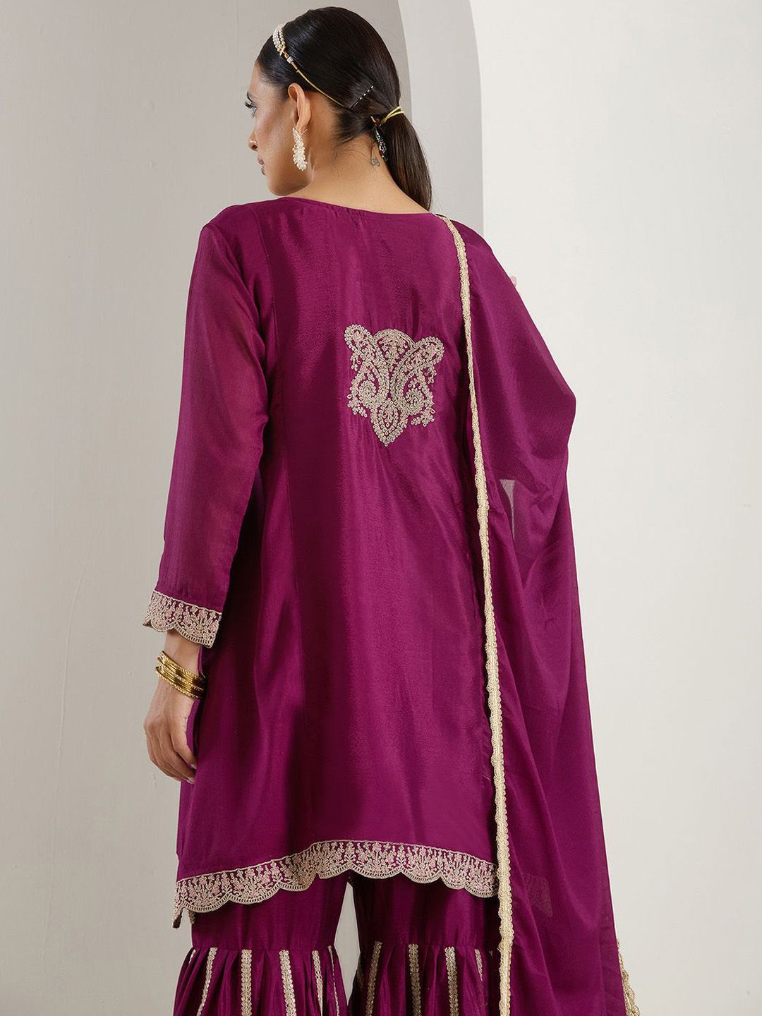 Rich Purple Chinon Zari Embroidered Kurta Set With Sharara Bottom And Silk Blend Tassel Dupatta