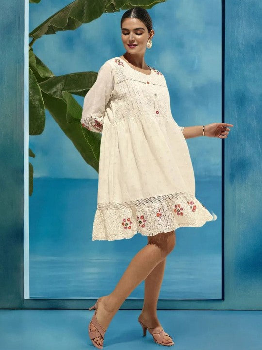 Comfy Offwhite Cotton Shiffly Fit And Flare Dress