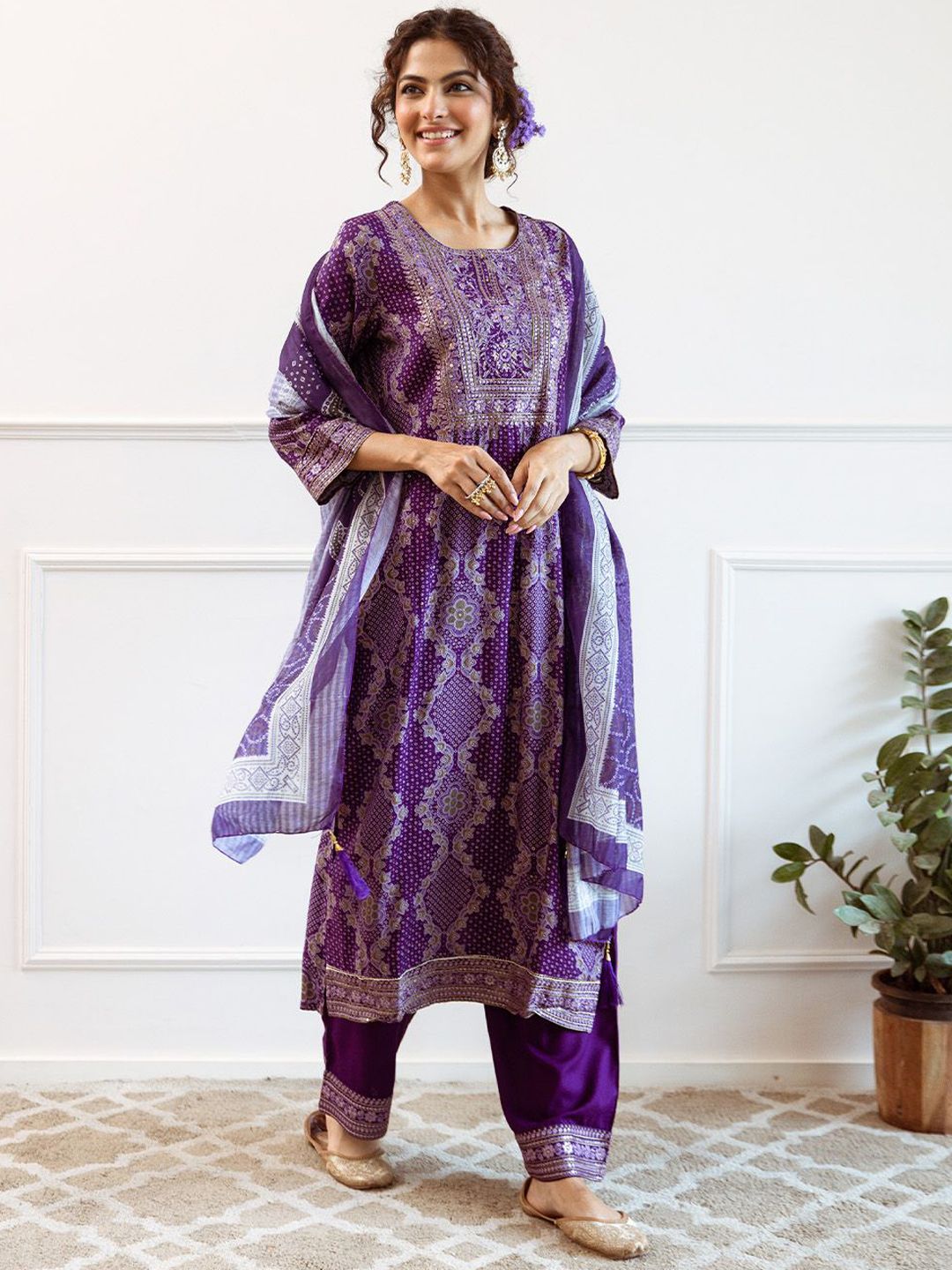 Rich Purple Modal Muslin Zari Embroidered Straight Fit Kurta Set With Straight Bottom & Soft Printed Dupatt