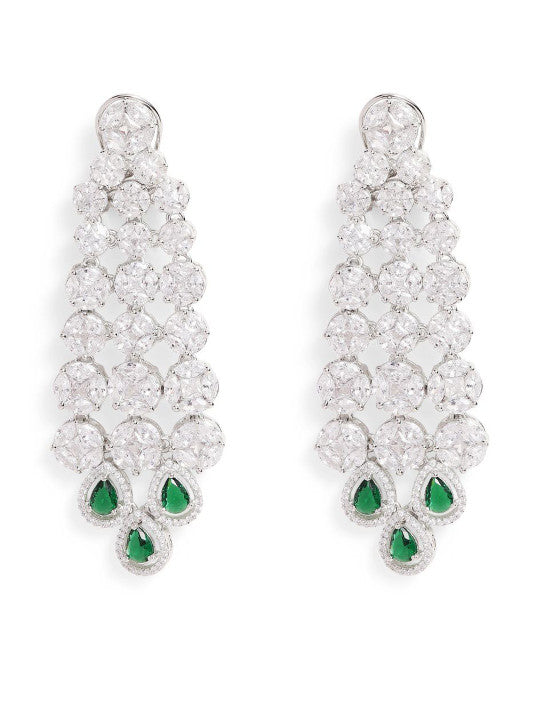 Ishin Green Colour Silver Plated American Diamond Drop Earring