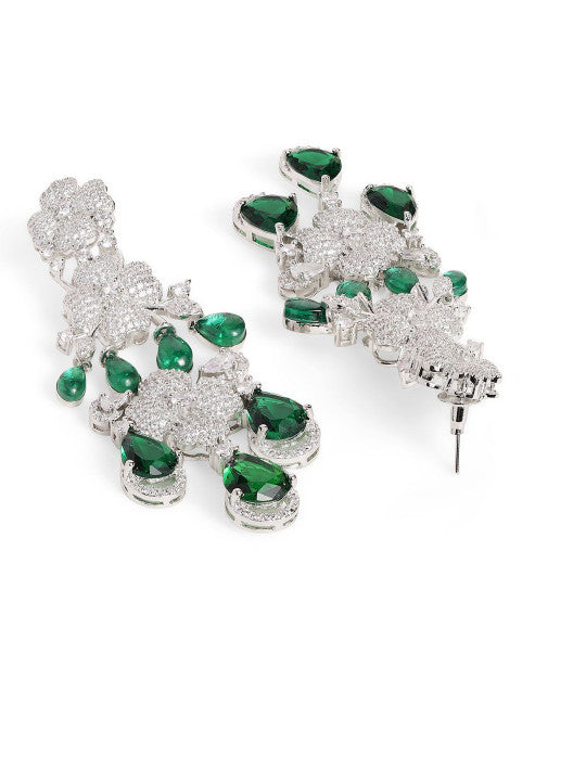 Ishin Green Colour Silver Plated American Diamond Drop Earring