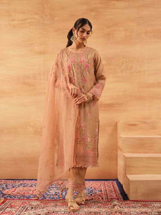 Ishin Women Brown Roman Silk 3Pcs Kurta Set