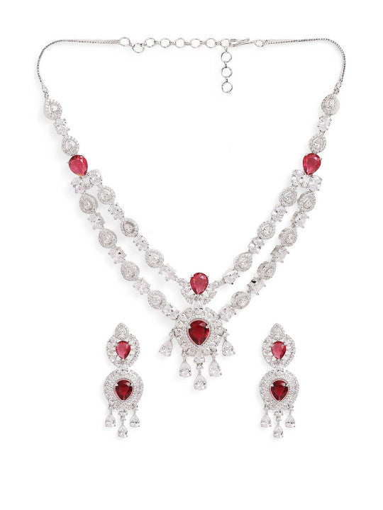 Ishin Red  Colour Silver Plated American Diamond Jewellery Set