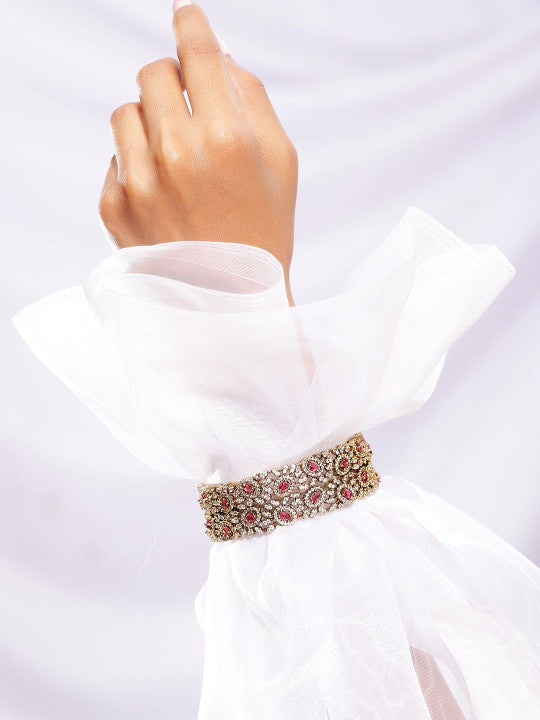 Ishin Red Colour Gold Plated American Diamond Bangle