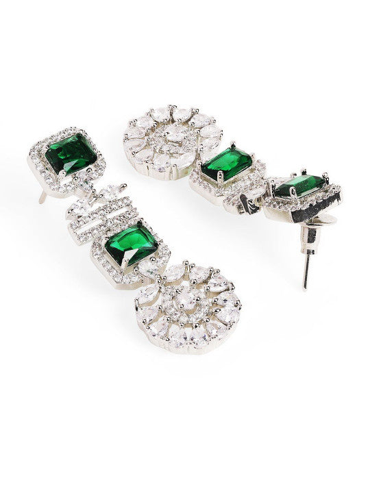 Ishin Green  Colour Silver Plated American Diamond Jewellery Set