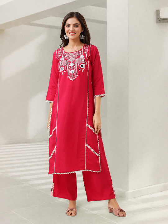Ishin Women Pink Roman Silk 2Pcs Kurta Set