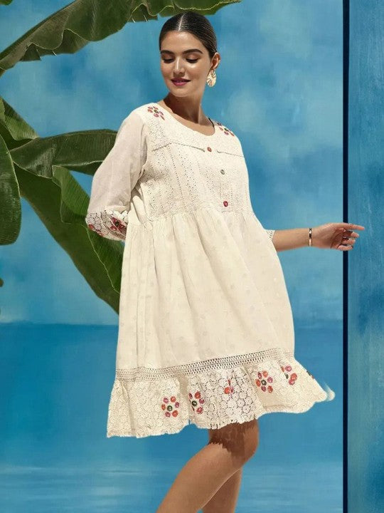 Comfy Offwhite Cotton Shiffly Fit And Flare Dress