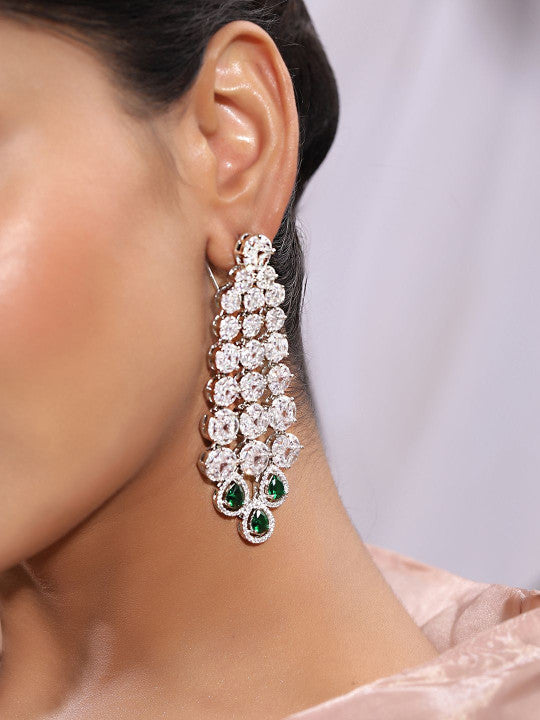 Ishin Green Colour Silver Plated American Diamond Drop Earring