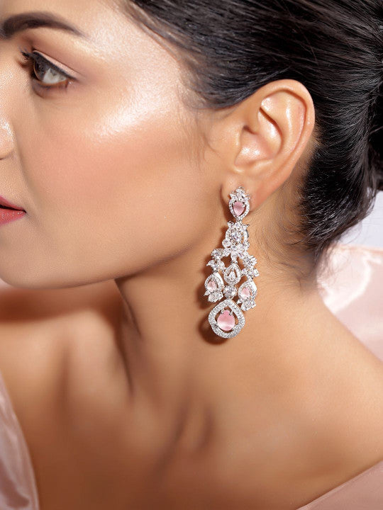 Ishin Pink Colour Silver Plated American Diamond Drop Earring
