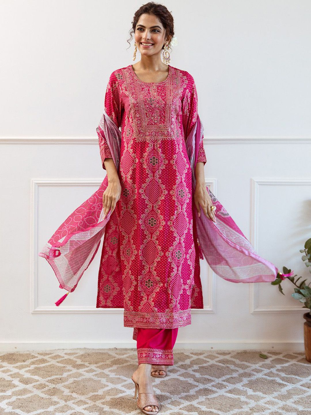 Rich Pink Modal Muslin Zari Embroidered Straight Fit Kurta Set With Straight Bottom & Soft Printed Dupatta