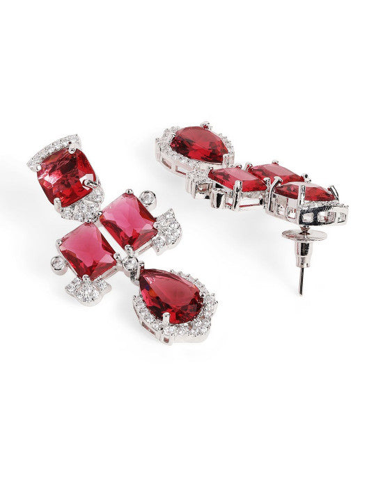 Ishin Red  Colour Silver Plated American Diamond Jewellery Set