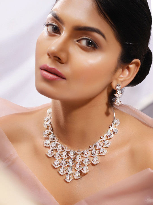 Ishin White  Colour Silver Plated American Diamond Jewellery Set