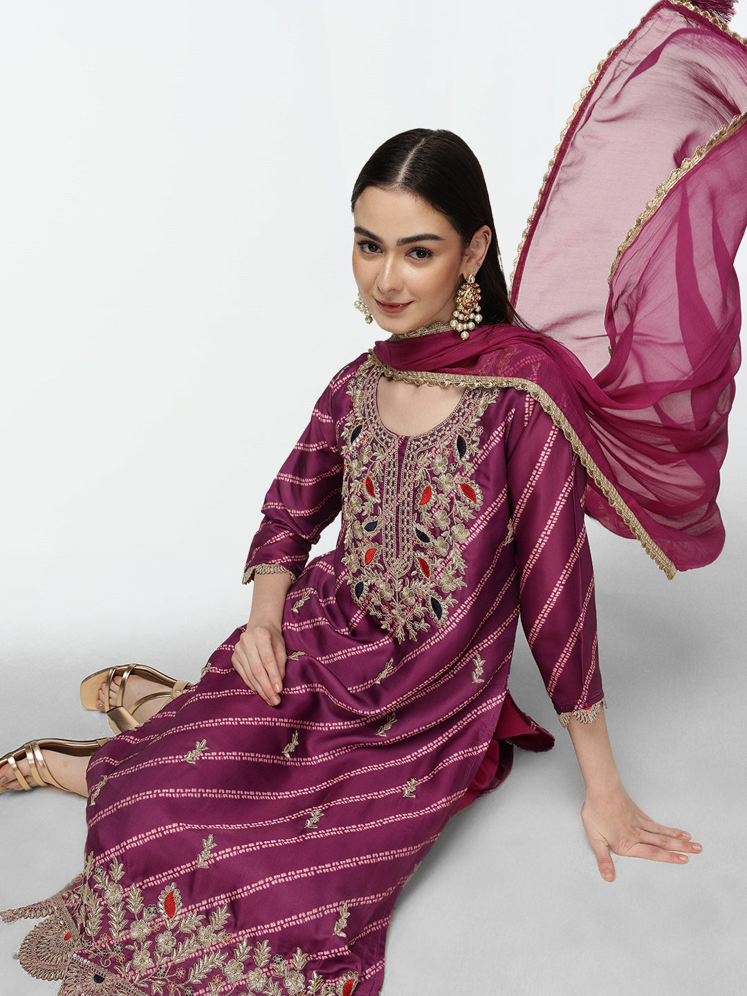 Graceful Purple Poly Silk Zari Embroidered Straight Fit  Kurta Set with dupatta