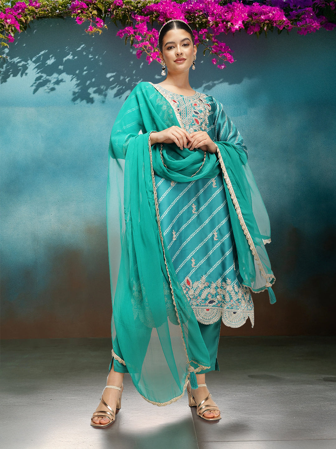 Graceful Green Poly Silk Zari Embroidered Straight Fit  Kurta Set with dupatta