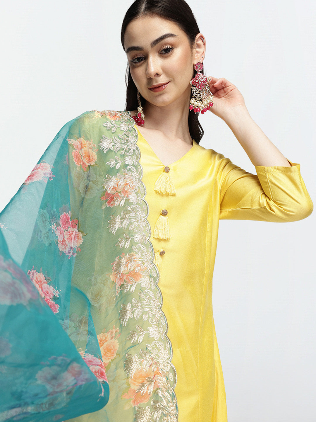 Graceful Yellow  Poly Silk Zari Embroidered A-line Kurta Set with statement dupatta
