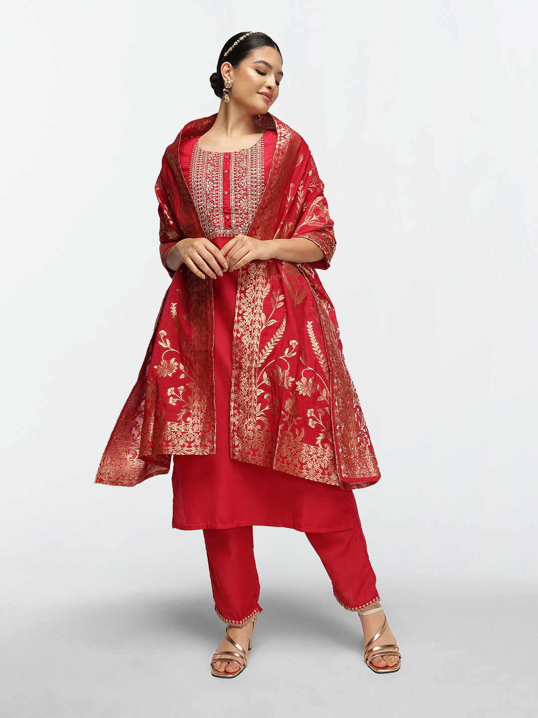 Elegant Red Chinon Zari Embroidered Straight Fit  Kurta Set with Statement dupatta