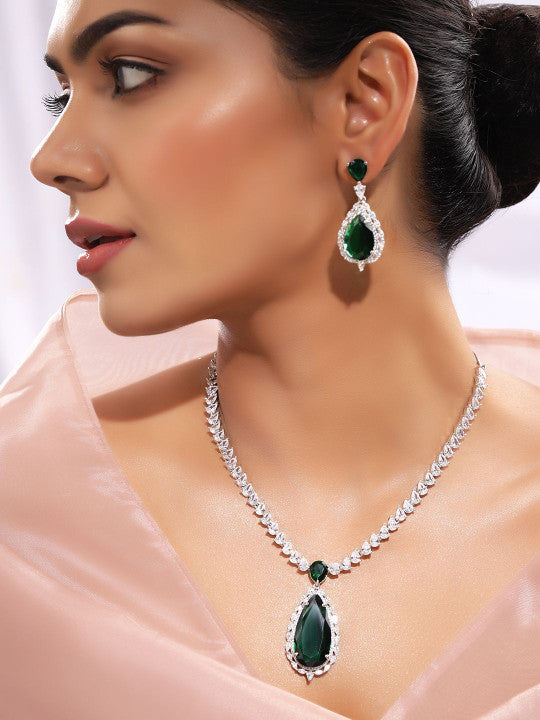 Ishin Green  Colour Silver Plated American Diamond Jewellery Set