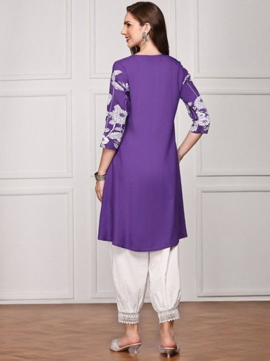 Comfy Purple Viscose Rayon Floral Printed Aline Fit Kurta