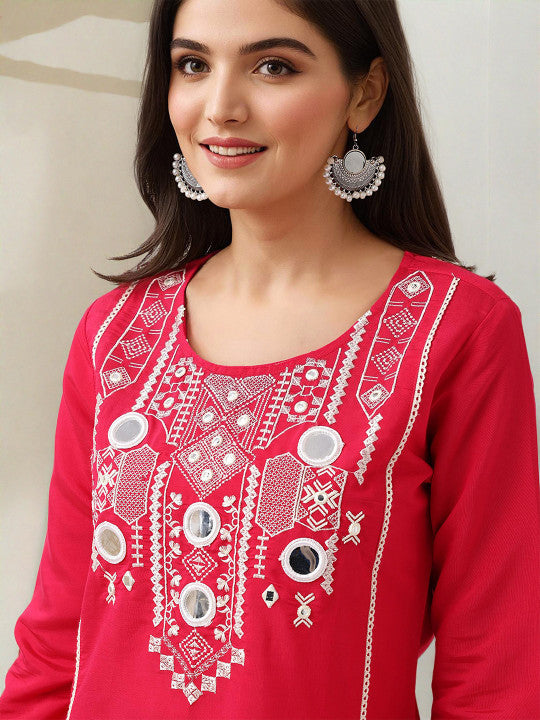 Ishin Women Pink Roman Silk 2Pcs Kurta Set