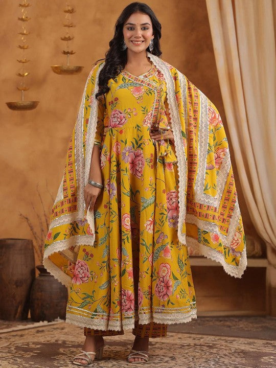 Graceful Yellow Cotton Floral Printed & Embroidered Angrakha Fit Kurta Set With Dupatta