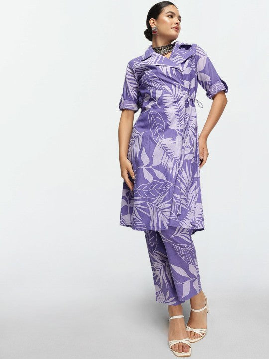 Comfy Purple Cotton Printed Regular Fit Co-Ords With Lapel Collar