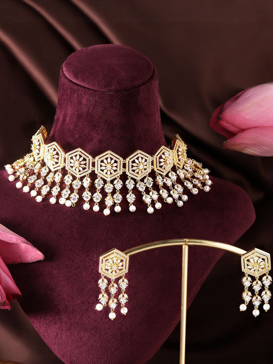 Ishin White  Colour Gold Plated American Diamond Jewellery Set