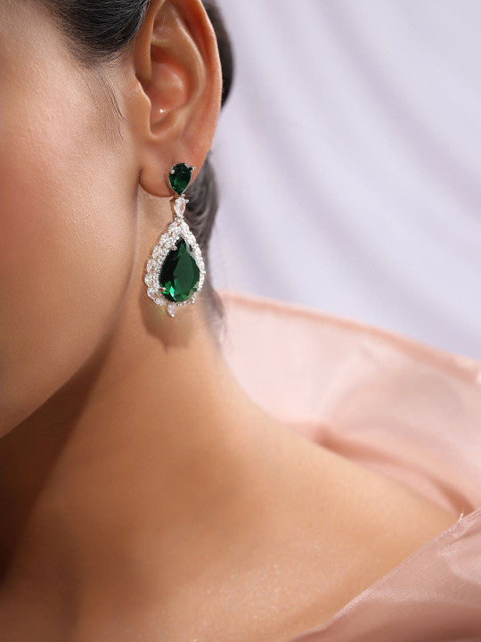 Ishin Green Colour Silver Plated American Diamond Drop Earring