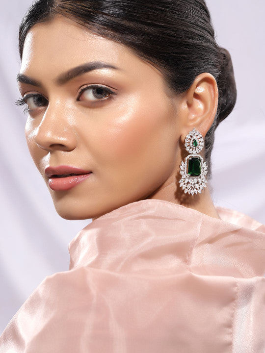 Ishin Green Colour Silver Plated American Diamond Drop Earring