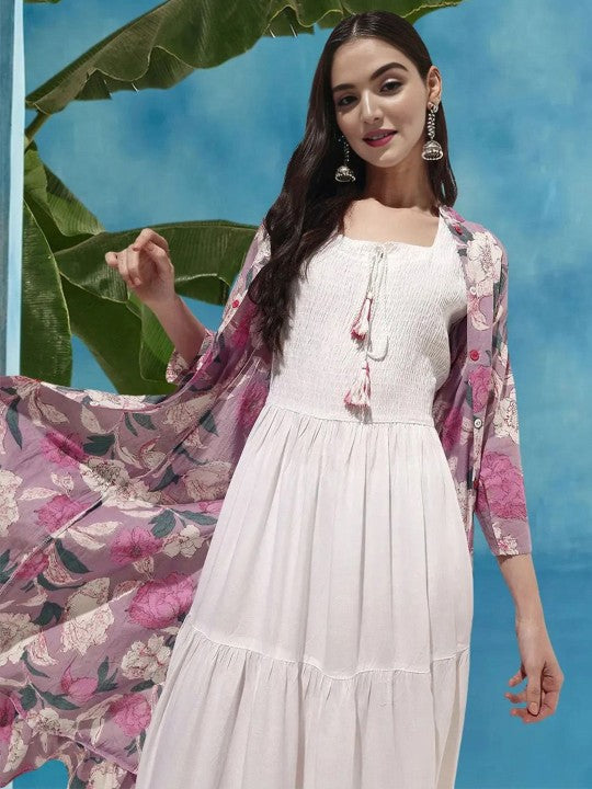 Comfy White Cotton Blend Solid Tiered Dress With Floral Printed Jacket