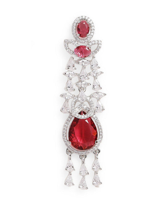 Ishin Red Colour Silver Plated American Diamond Drop Earring