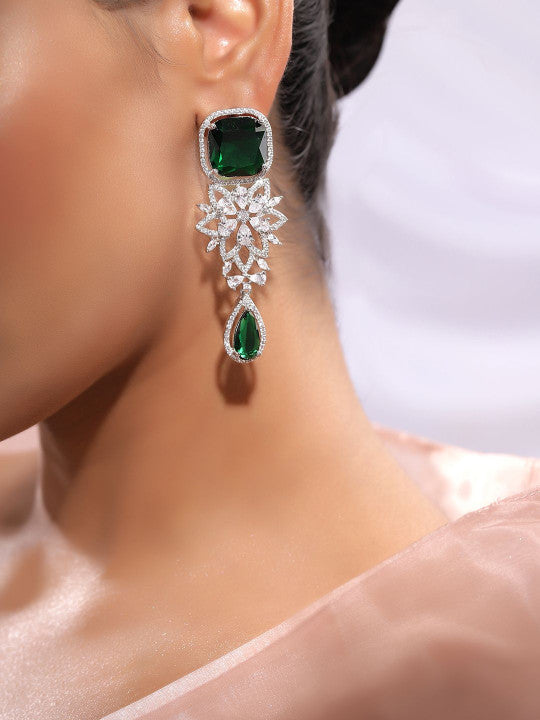 Ishin Green Colour Silver Plated American Diamond Drop Earring