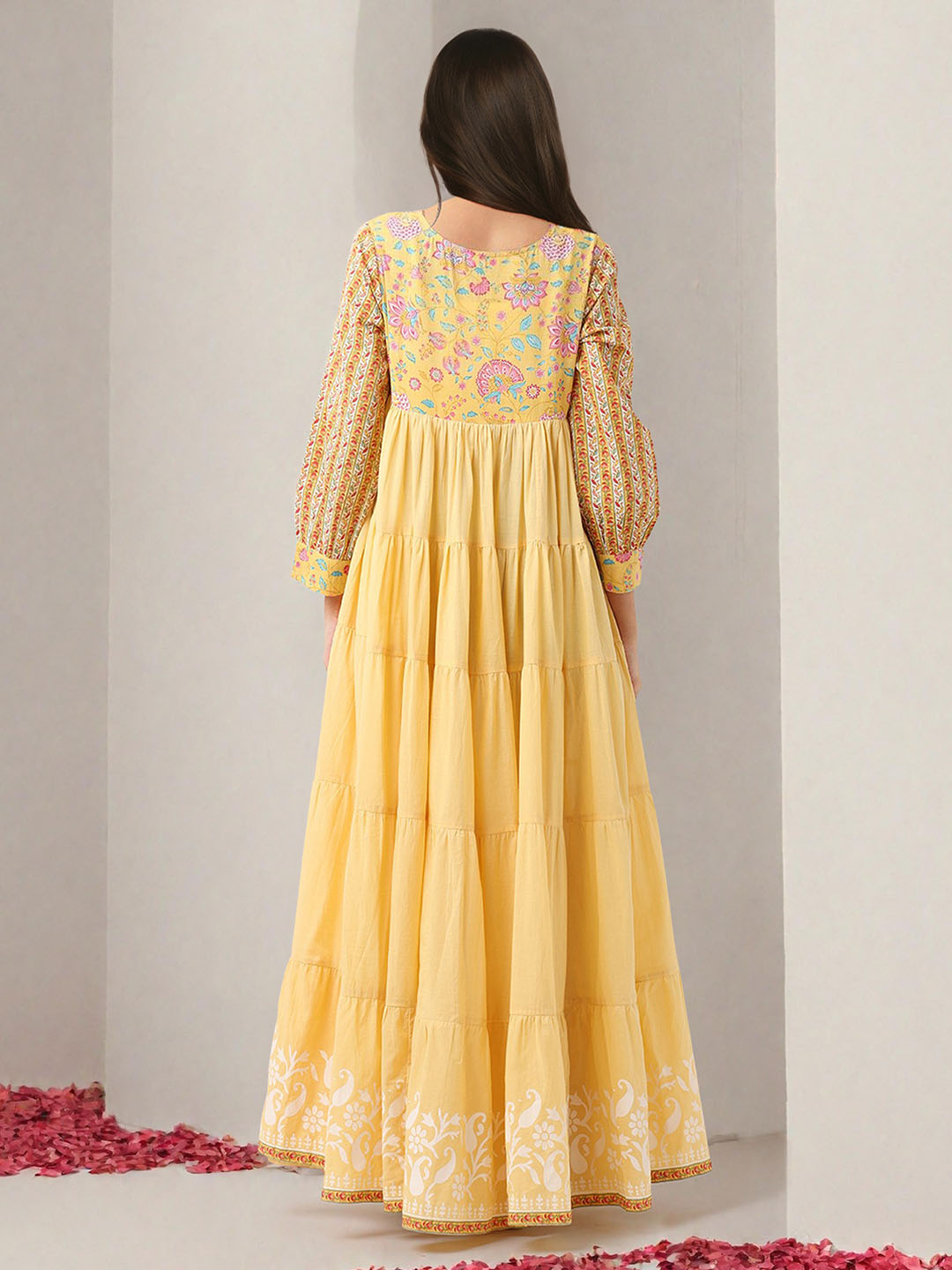 Soft Yellow Cotton Printed Fit & Flare Ethnic Gown