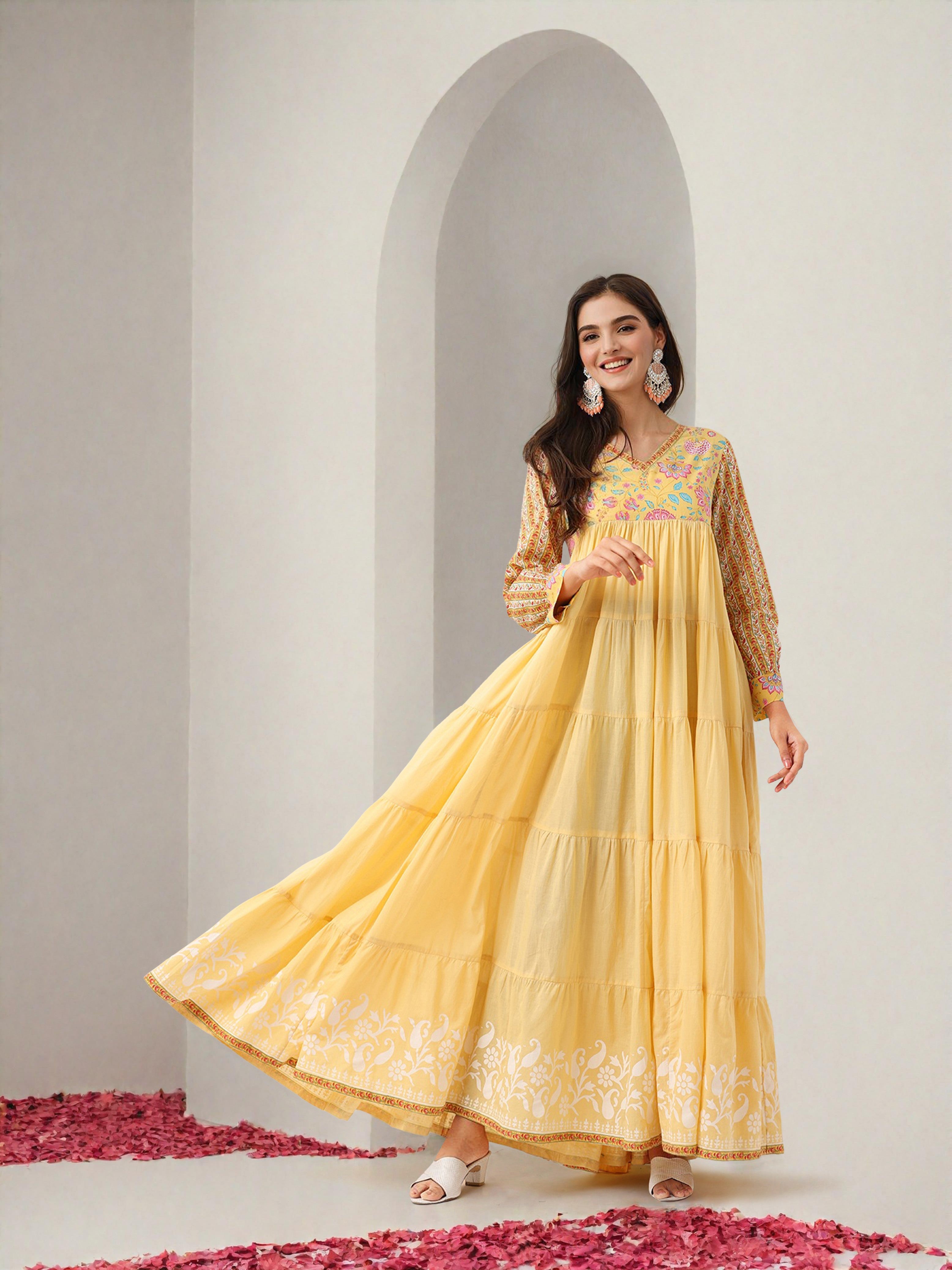Soft Yellow Cotton Printed Fit & Flare Ethnic Gown