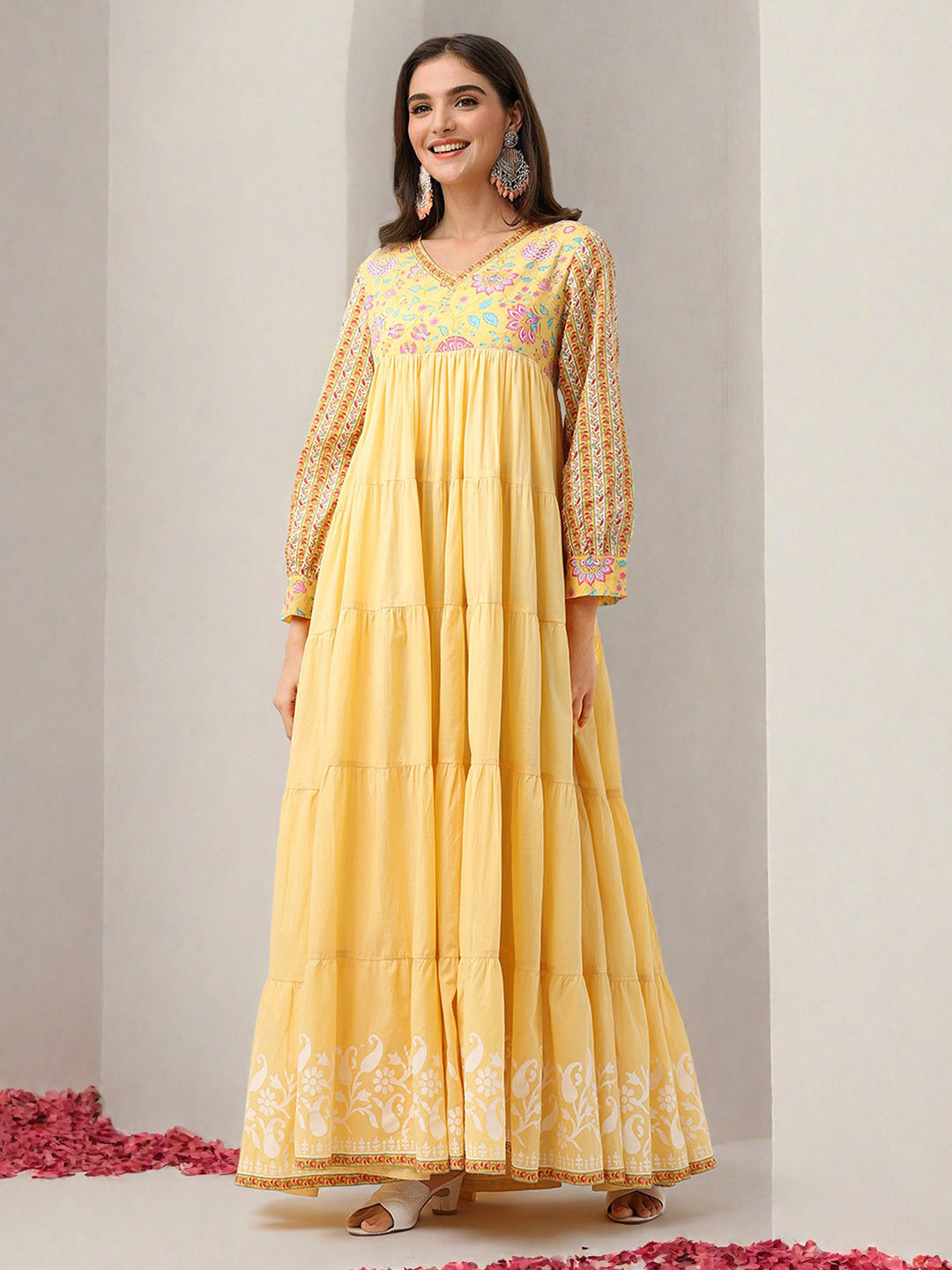 Soft Yellow Cotton Printed Fit & Flare Ethnic Gown