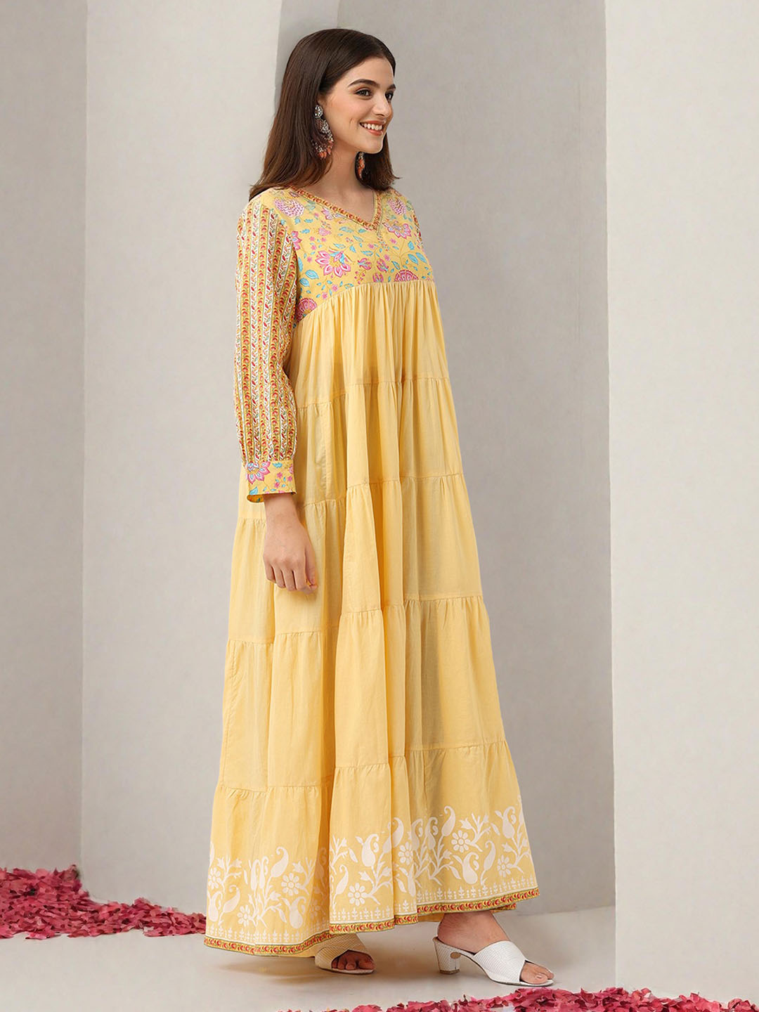 Soft Yellow Cotton Printed Fit & Flare Ethnic Gown