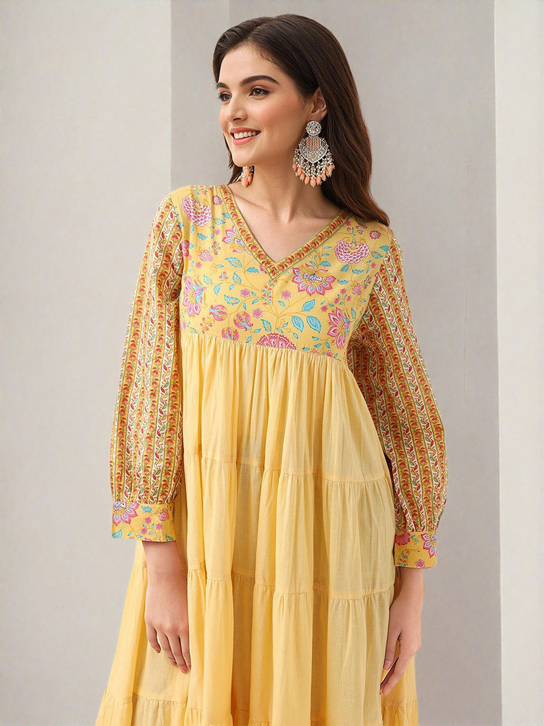 Soft Yellow Cotton Printed Fit & Flare Ethnic Gown