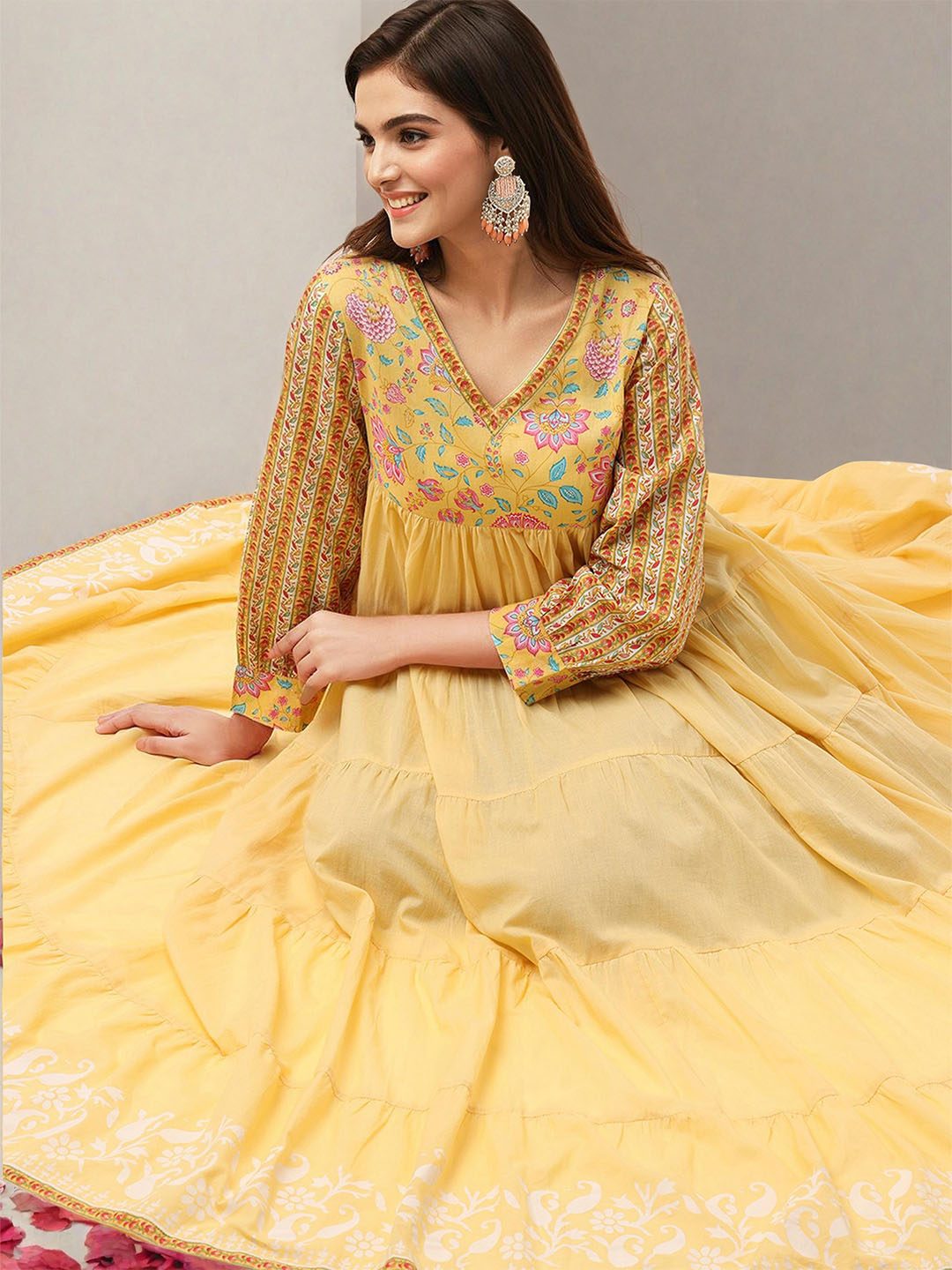 Soft Yellow Cotton Printed Fit & Flare Ethnic Gown