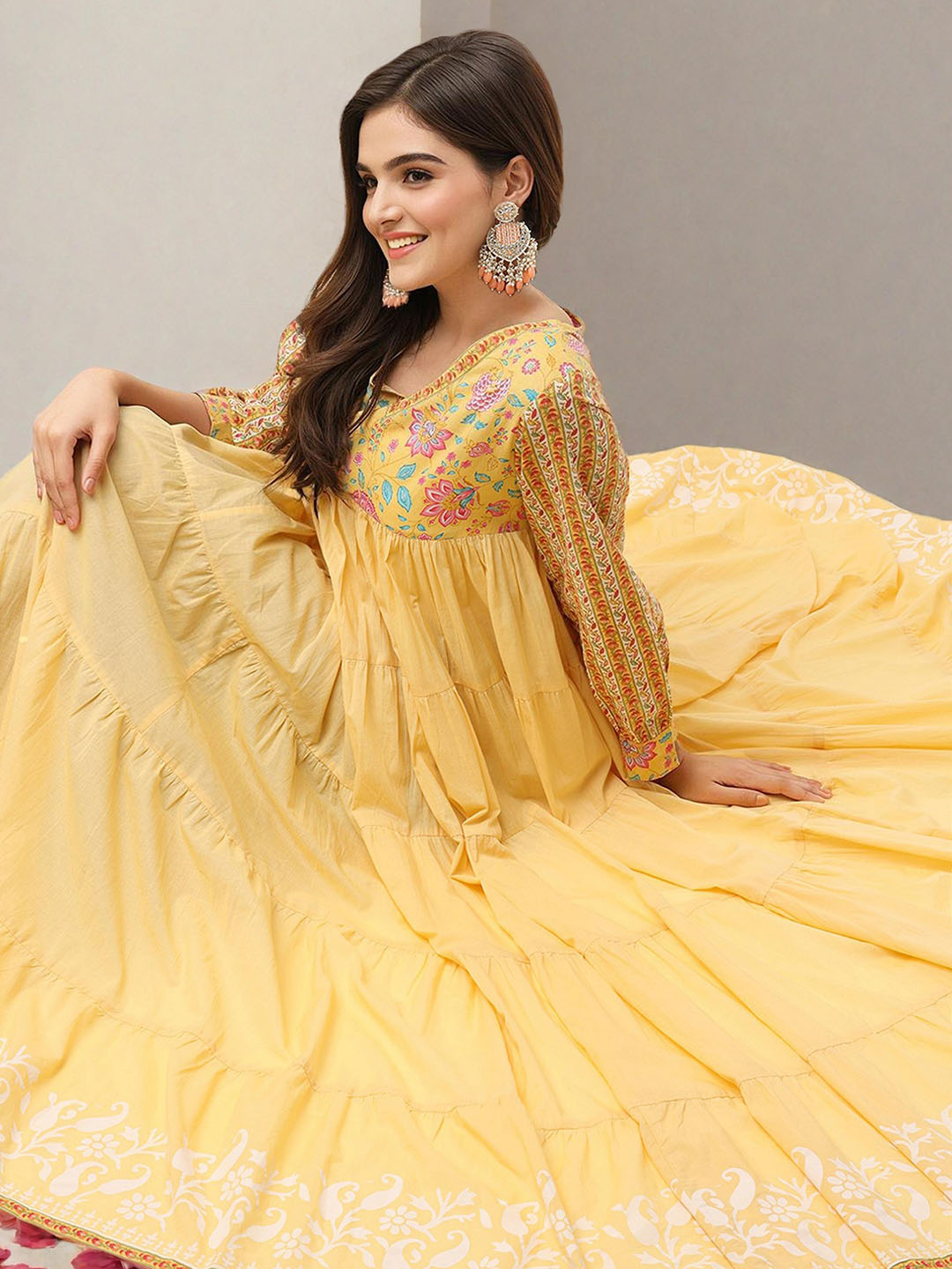 Soft Yellow Cotton Printed Fit & Flare Ethnic Gown