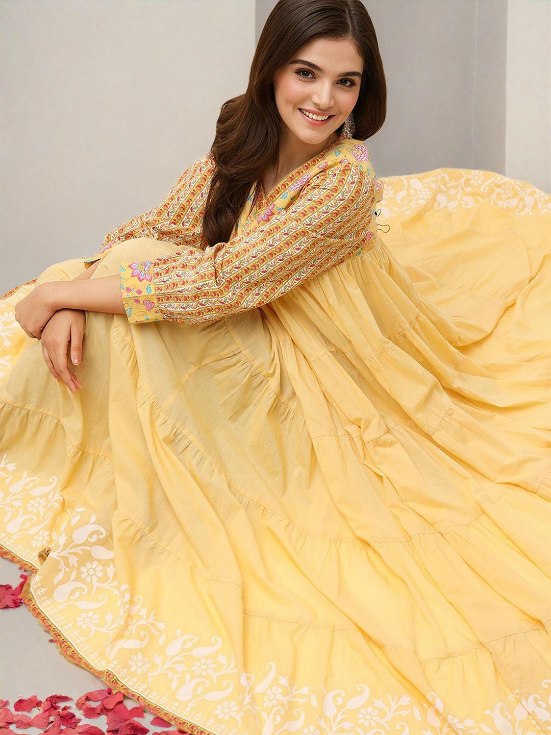 Soft Yellow Cotton Printed Fit & Flare Ethnic Gown
