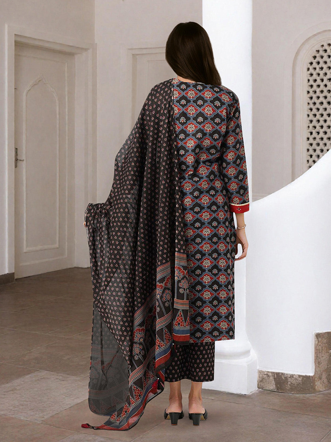 Comfy Black Pure Cotton Ajrakh Print Straight fit  kurta set with dupatta
