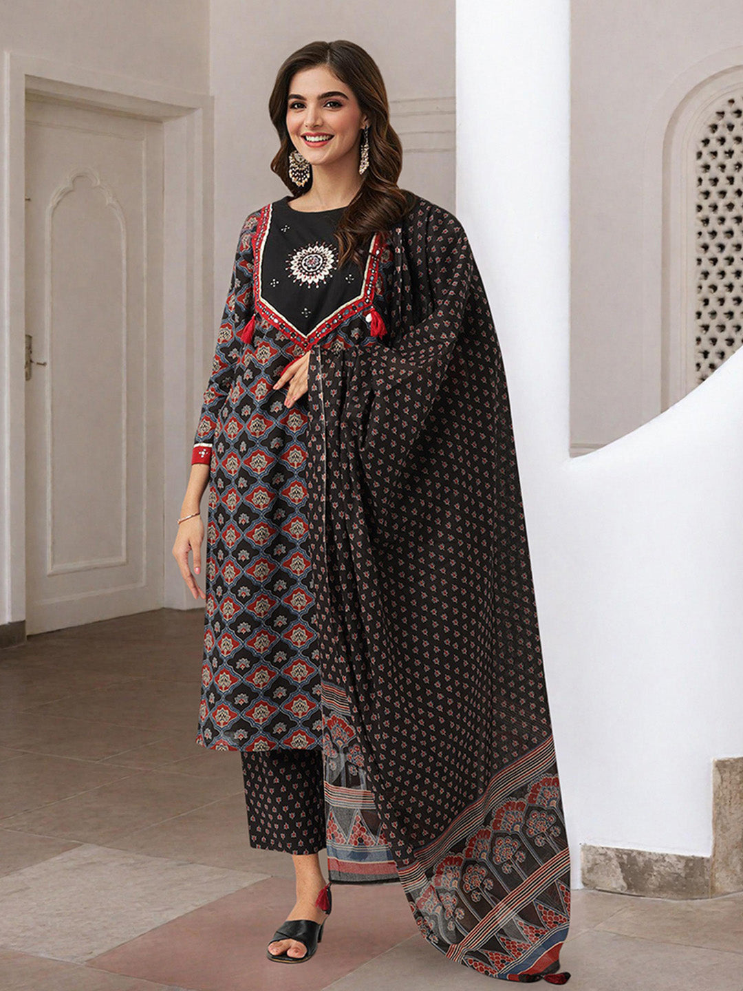 Comfy Black Pure Cotton Ajrakh Print Straight fit  kurta set with dupatta