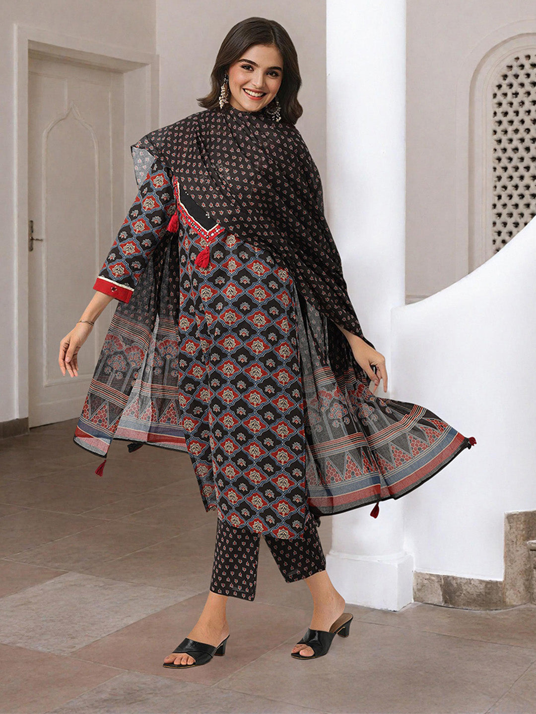 Comfy Black Pure Cotton Ajrakh Print Straight fit  kurta set with dupatta