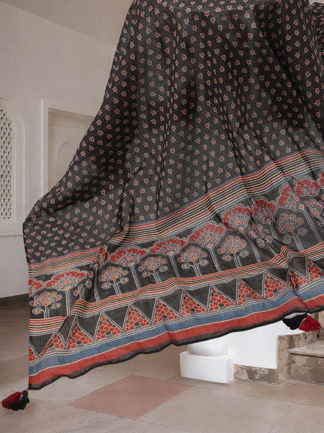 Comfy Black Pure Cotton Ajrakh Print Straight fit  kurta set with dupatta