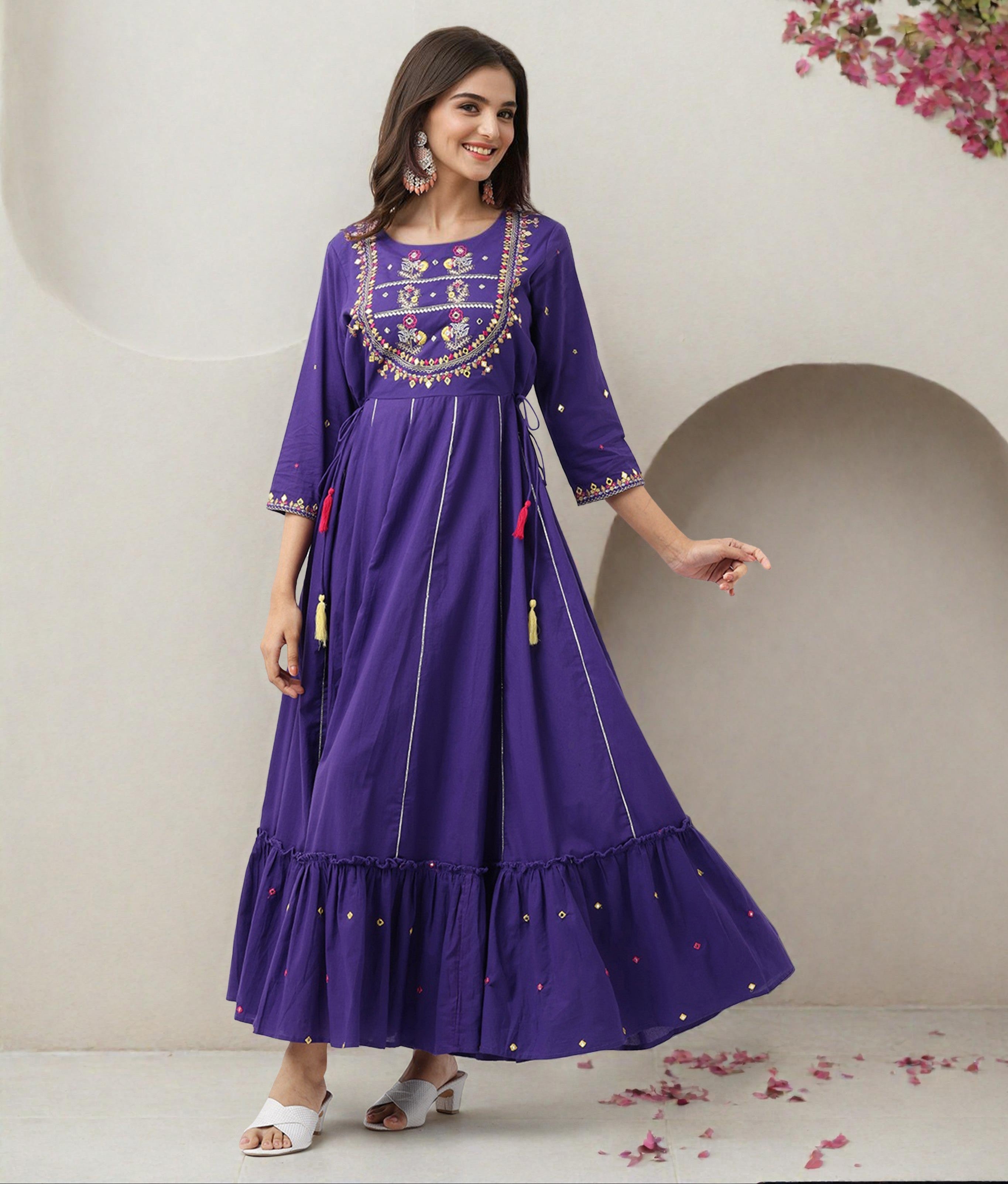 Rich Purple Cotton Embroidered Fit & Flare Dress