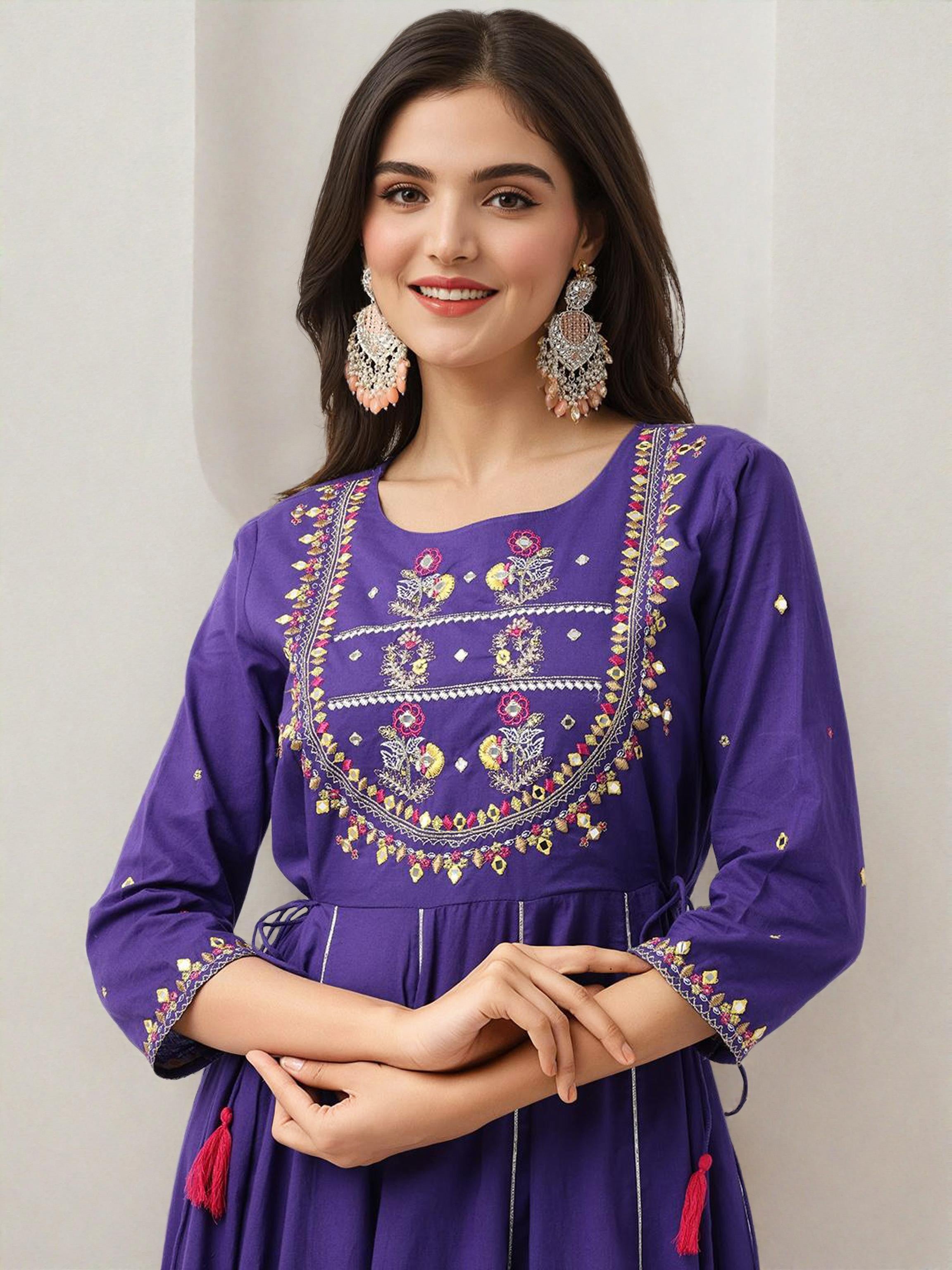 Rich Purple Cotton Embroidered Fit & Flare Dress