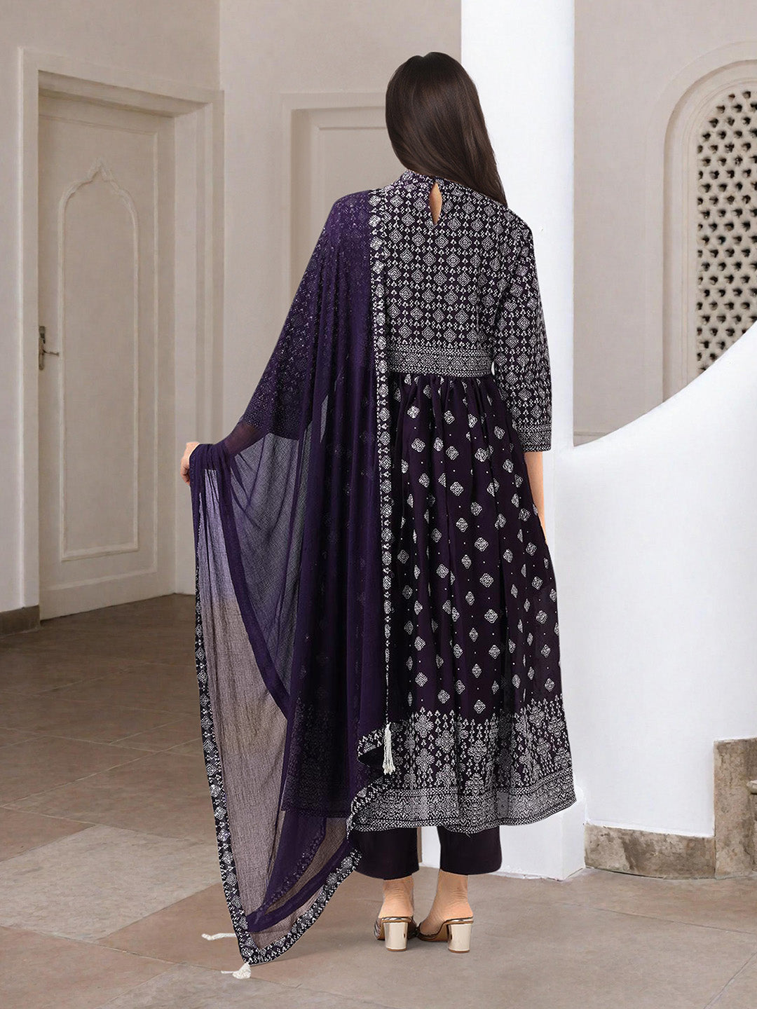 Flowy  Purple  Georgette Printed Fit & Flare Kurta Set with dupatta