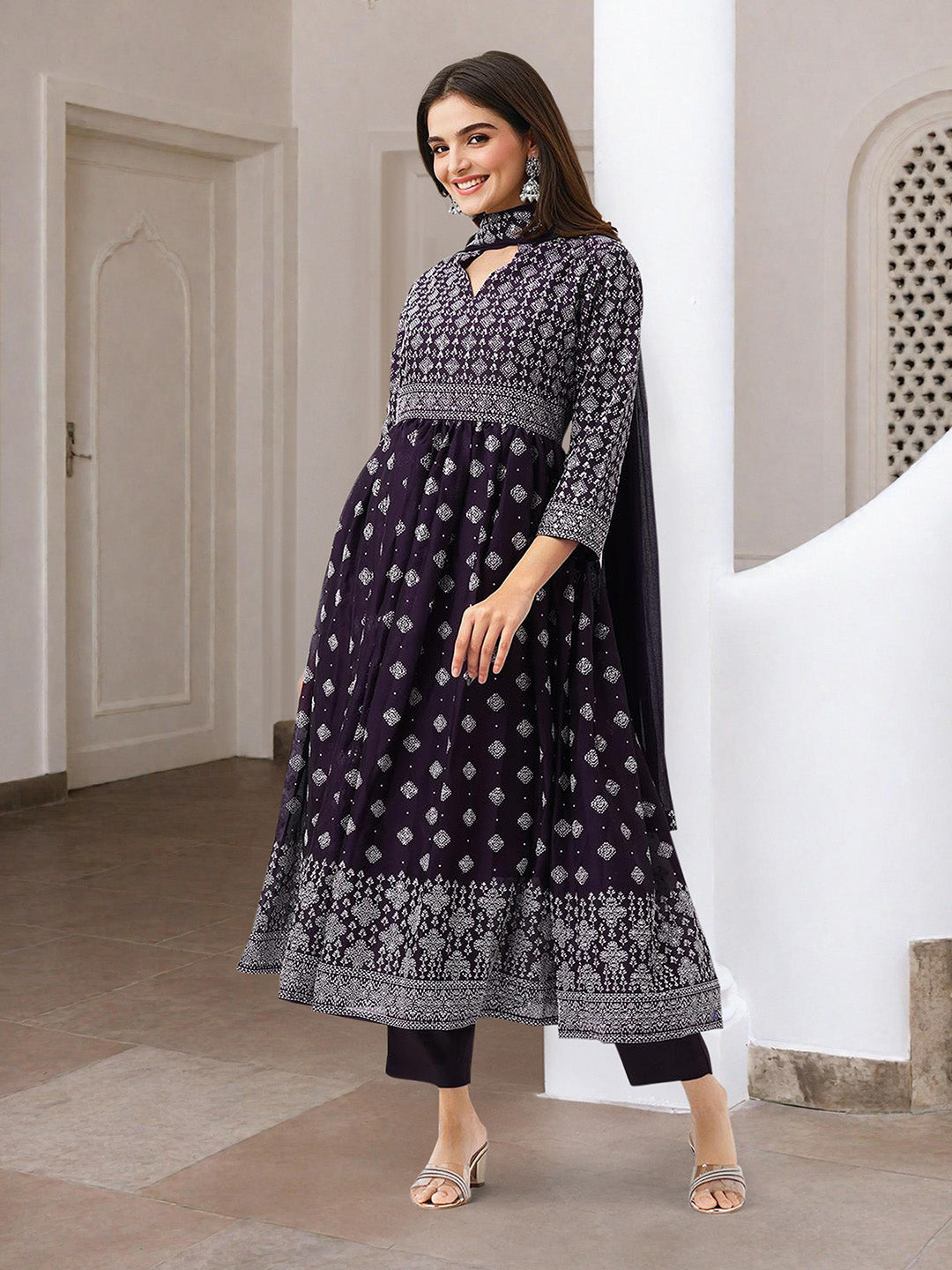 Flowy  Purple  Georgette Printed Fit & Flare Kurta Set with dupatta