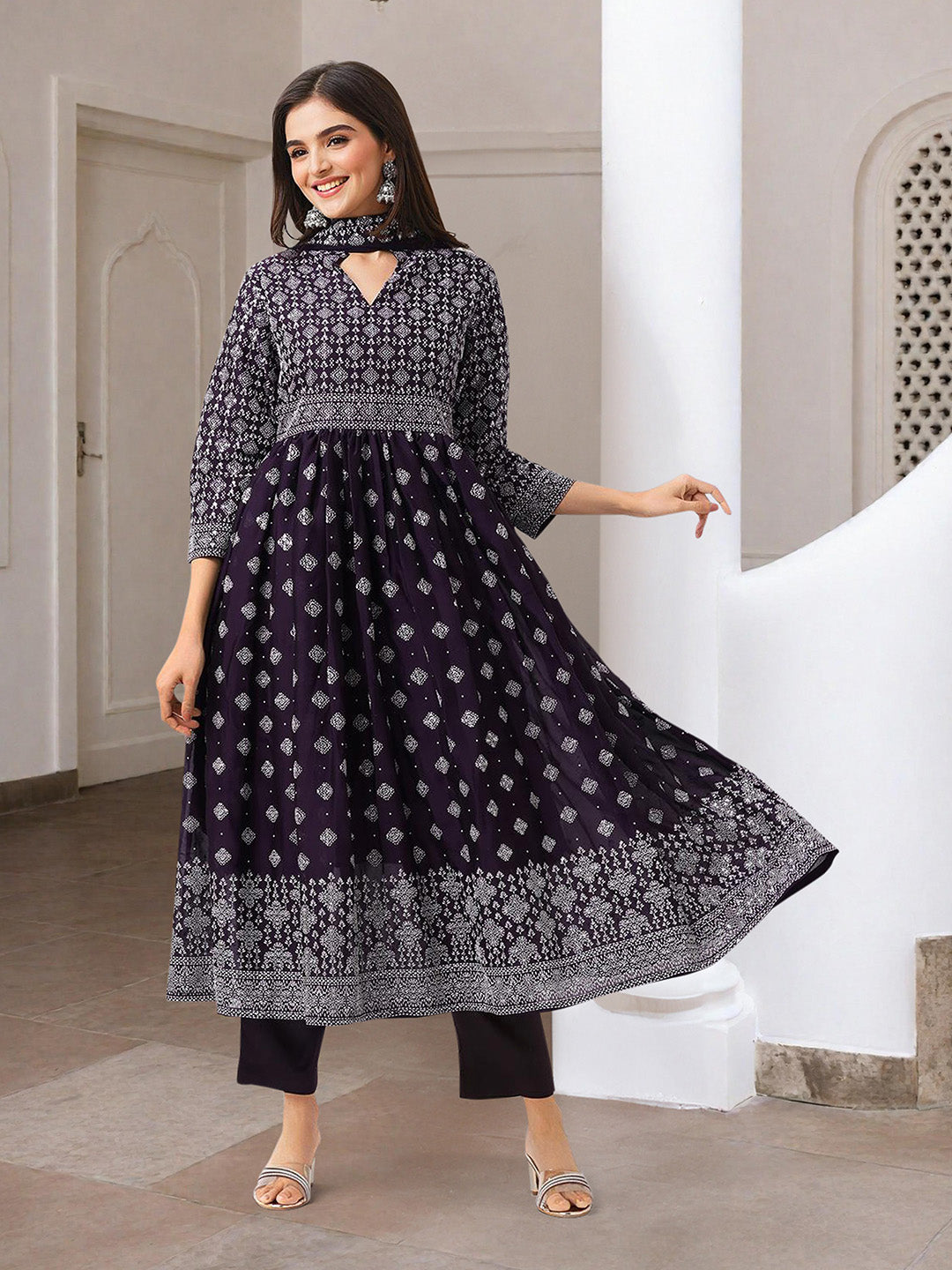 Flowy  Purple  Georgette Printed Fit & Flare Kurta Set with dupatta