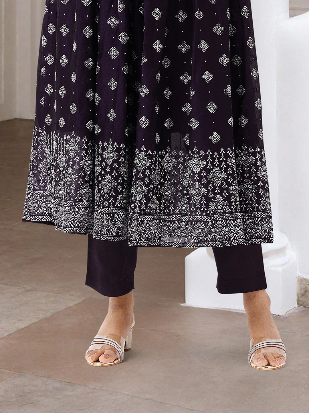 Flowy  Purple  Georgette Printed Fit & Flare Kurta Set with dupatta