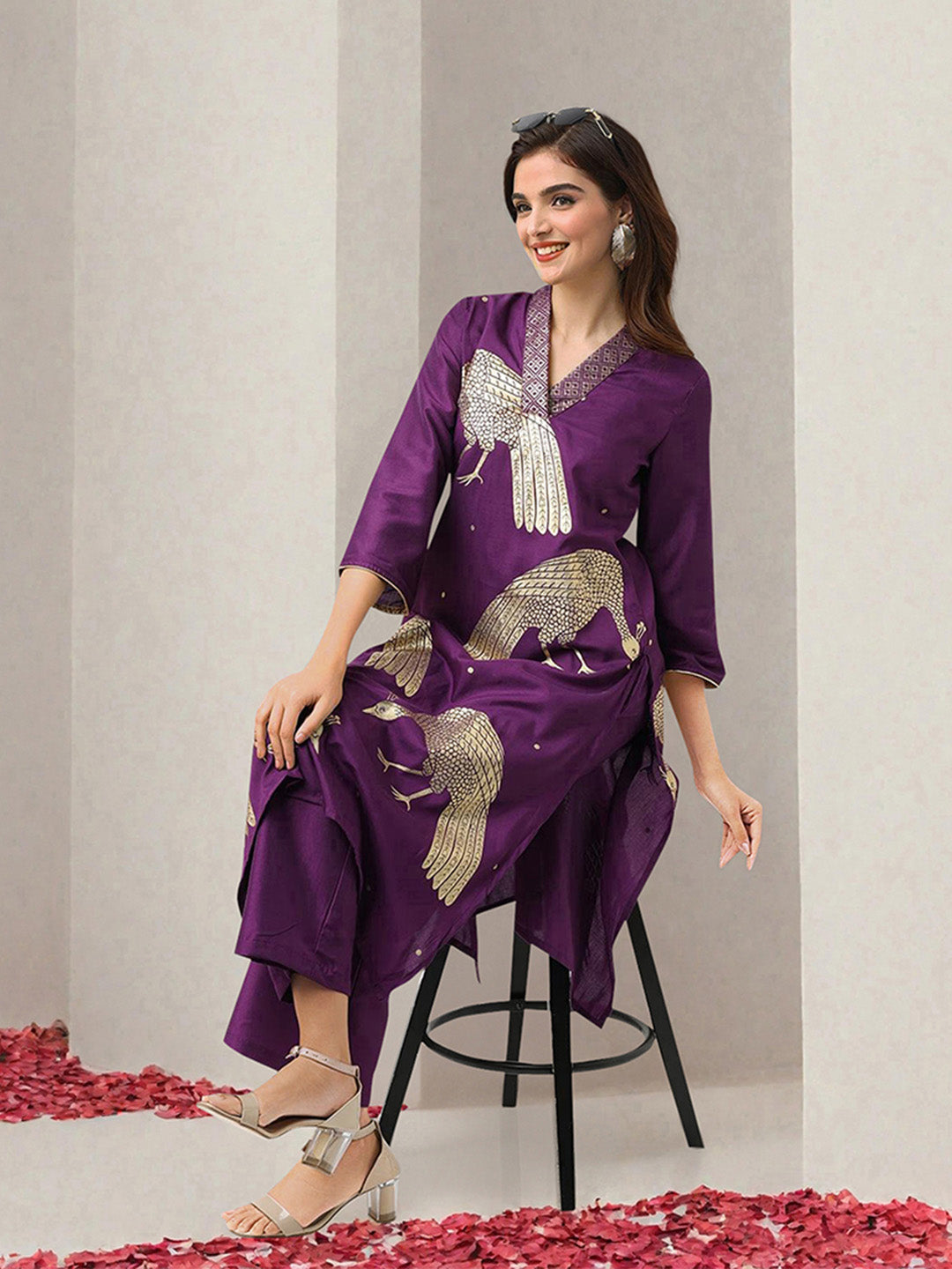 Soft Purple  Chinon Foil Printed Straight Fit Kurta Set